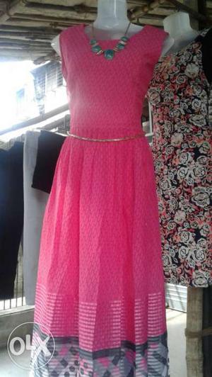 Women's Pink And Grey Sleeveless Dress With Belt