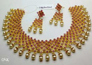 Yellow And Red Collar Necklace And Earrings