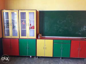 Yellow, Green And Red Wooden Cabinets