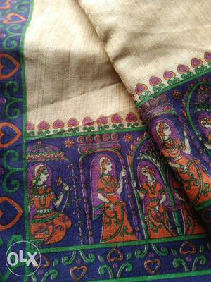 Beige And Purple Printed Bhagalpuri Silk Sari
