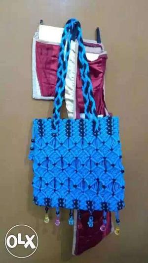 Blue And Black Knitted Fringe Shoulder Bag