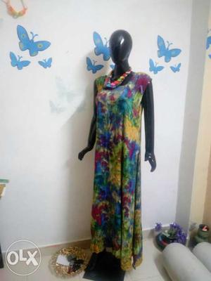 Blue, Green, Yellow, And Purple Tie-dyed Sleeveless Maxi