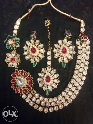 Gold And Rhinestones Necklace, Pair Of Earrings And Pendant