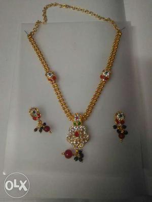 Gold Necklace With Silver Pendant And Earring Set