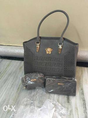 Gray Versace Perforated Leather Tote Bag And Wristlet