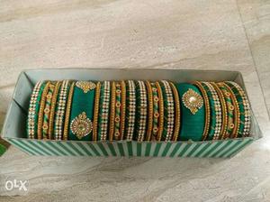 Green Jeweled Silk Thread Bangles With Box