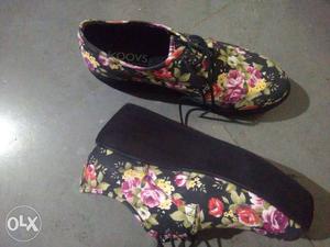 KOOVS Pair Of Black-pink-orange-yellow Floral Wedge Shoes