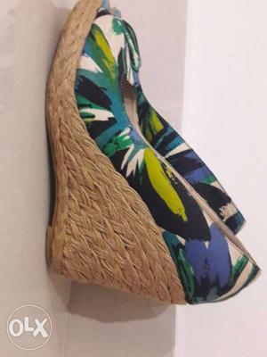 Pair Of White-black-green Floral Espadrille Wedge Shoes