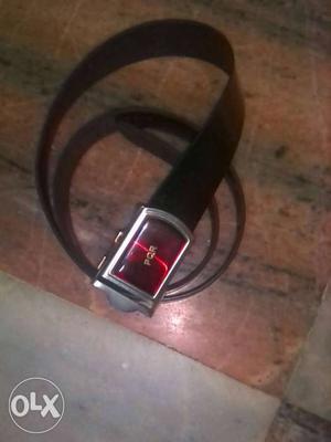 Red PQR Buckle With Black Leather Belt