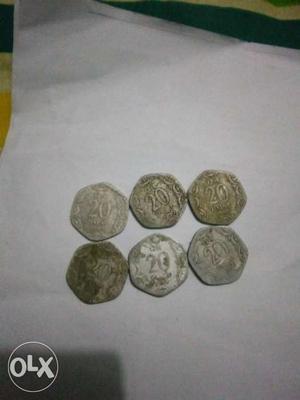 Six old 20paise Coins