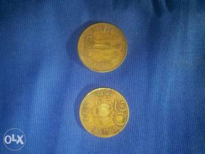 Two Brown 20 Indian Paise Coins
