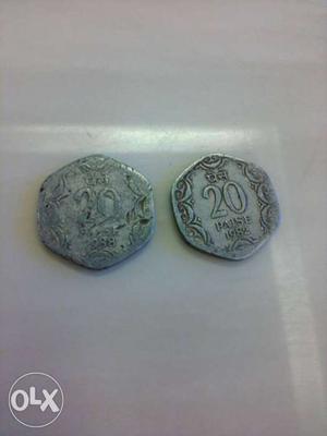 Two Hexagon Silver 20 Indian Paise Coins