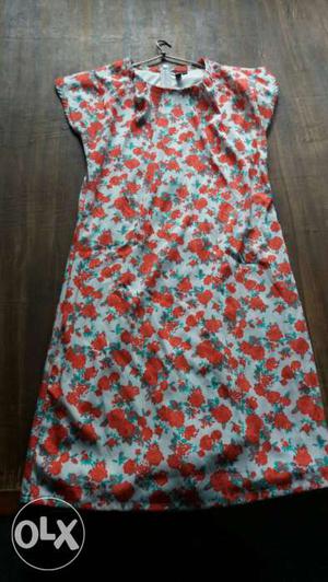 Women's White, Green And Red Floral Print Dress