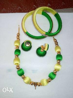 Yellow And Green Silk Threaded Necklace,earrings And Bangles