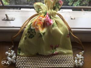 Yellow And Pink Floral Drawstring Pouch