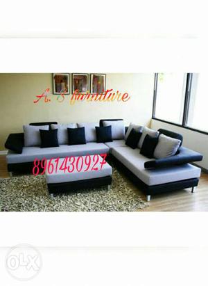 Black And Gray Leather Padded Sectional Sofa With Throw