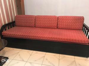 Black Wooden Frame Red Padded 3-seat Sofa