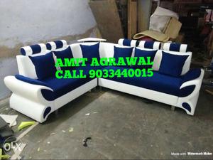 Blue And White Sectional Sofa With Pillows