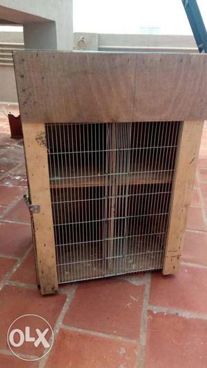 Brown Wooden And Gray Metal Wire Pet Cage