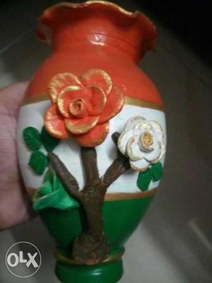 Green, Brown, And White Floral Ceramic Vase