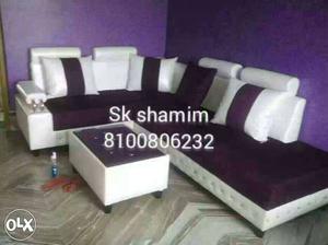 Purple And White Sectional Couch With Ottoman And Throw