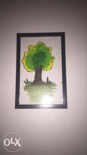 Rectangular Black Wooden Framed Water Paint Of Tree