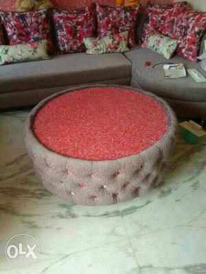 Round \brown And Red Ottoman