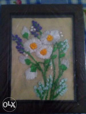 Three White-and-yellow Sunflowers With Brown Wooden Frame