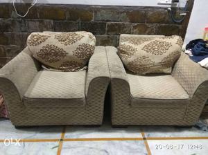 Two Brown Fabric Sofga Chairs
