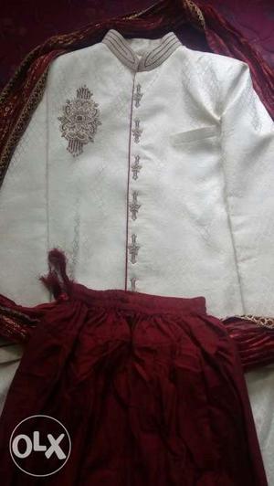 Branded, Once used sharwani- white with red colour rs