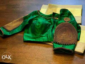 Gold-colored Beads Embellished Green Long-sleeved Choli