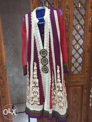 Red Anarkali with white embroidery designer dress