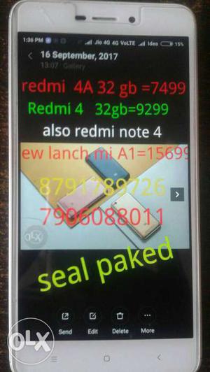 Redmi 4a seal packed 2gb ram internal and 3gb ram