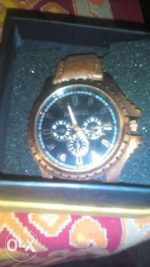 Round Brown Chronograph Watch With Brown Leather Band In Box
