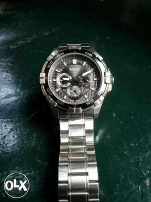 Round Silver Casio Chronograph Watch With Silver Link