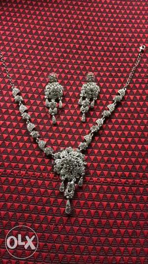 Silver Diamond Cluster Drop Pendant Necklace With Drop