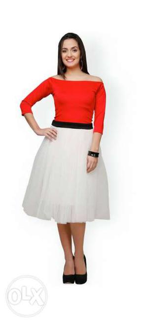 Women's Red Off-shoulder Elbow Sleeve Top And White Skirt
