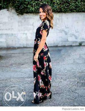 Women's White, Red, And Black Floral Long Dress