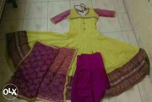 Yellow and pink coloured cotton anarkali dress