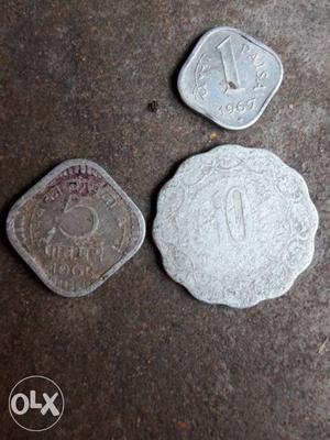 Three 1, 10 And 5 Indian Paise Coins