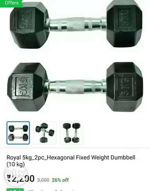 Two 5 KG Black Fixed Weight Dumbbells