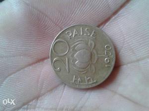 India 20 Paise Coin In The Year  With Lotus