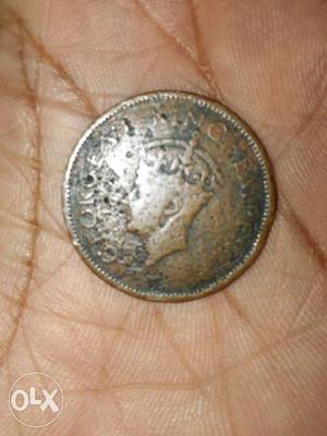 Round Copper King George vi Emperor Coin, one Quarter Anna