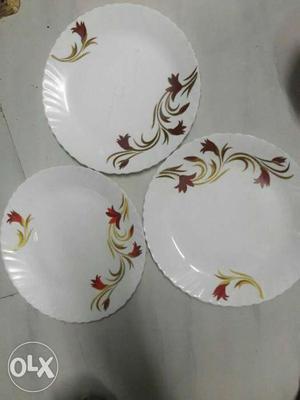 Three Round White-brown-green Floral Plates