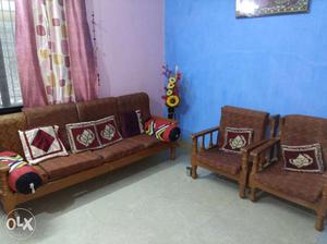3-piece Brown Padded Wooden Sofa Set