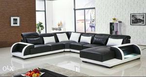 Black Leather Cushion Sectional Couch