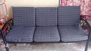 Black Metal Framed Grey Cushioned Couch Sofa set