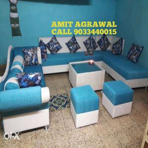Blue-and-white Sectional Sofa And Two Ottomans