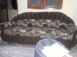 Brown And Beige Swirl Print Suede Sofa
