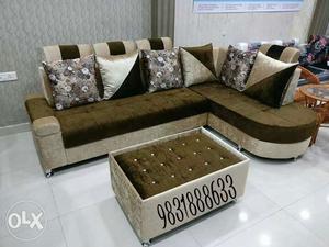 Brown And Gray Sectional Couch With Throw Pillows